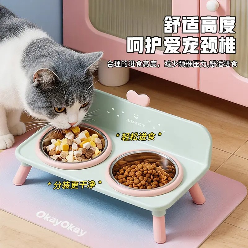 猫碗狗碗宠物不锈钢高脚碗防滑防打翻猫碗猫咪护颈高架双碗宠物碗
