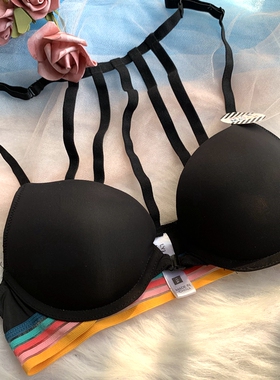 捡漏欧美外贸原单黑色上薄下厚杯文胸前扣Y型背带美背诱惑内衣65B