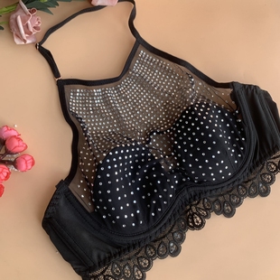 性感蕾丝舒适水钻网纱镂空挂脖有钢圈聚拢文胸大胸显小美背薄款