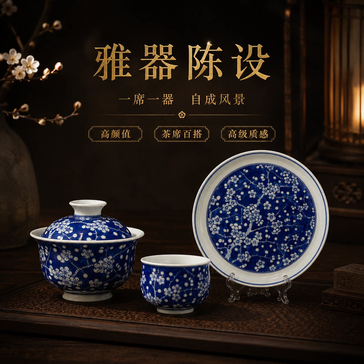 匠人臻瓷柴窑青花冰梅套组炉士杯景德镇陶瓷纯手工手绘中式茶具