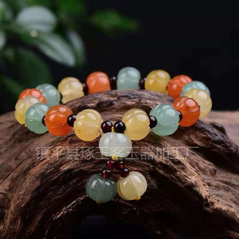 2026厂家新疆戈壁金丝玉手链南瓜彩色彩玉原石手链玉石玉器货源