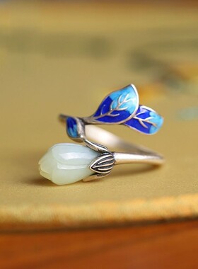 2026中国风景泰蓝烧蓝玉兰花开口可调节戒指环女复古优雅气质古典