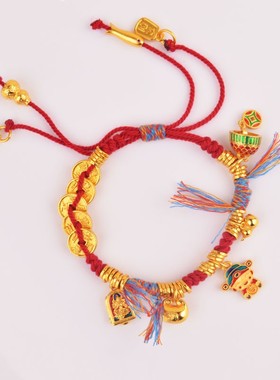 2026古法沙金珐琅彩五帝钱盘缠葫芦手链diy黄财神新中式编织文艺
