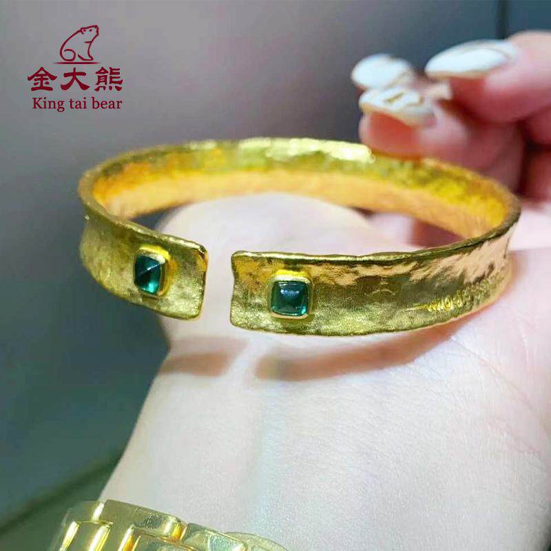 金大熊手工古法黄金手镯錾刻首饰足金999实心开口金镯子