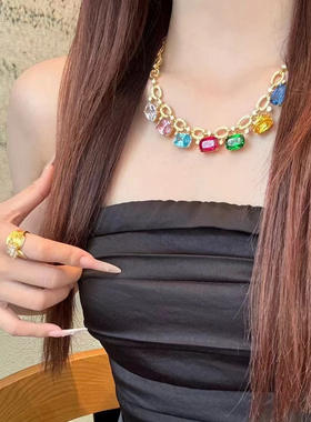 足金重工奢华彩宝镶嵌锁骨链