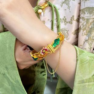 沉鱼落雁足金999宫廷珐琅彩好运连连黄金镯子实心