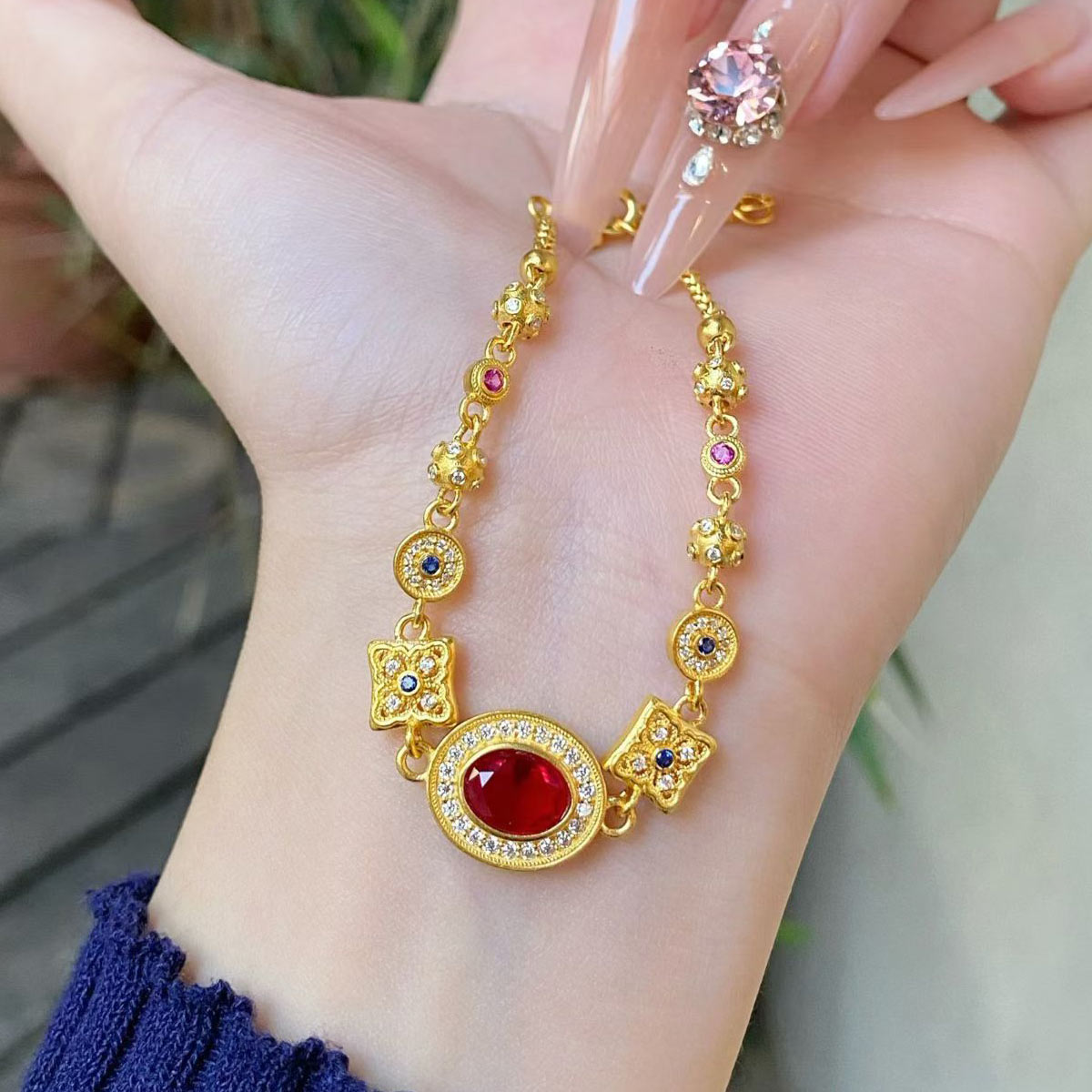 足金中式复古花丝黄金手链新款