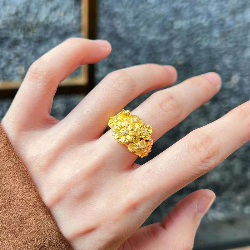 黄金小雏菊花戒指足金999食指中指指环繁花似锦戒指女款镶嵌