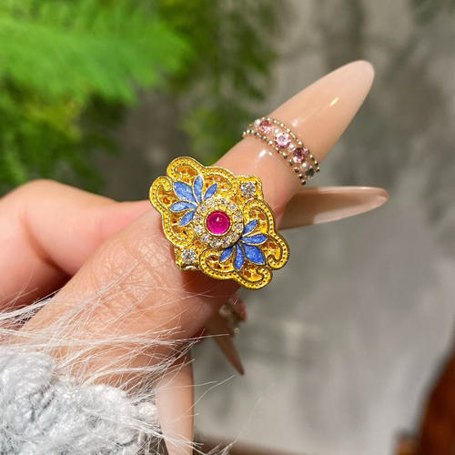 足金古法点钻玉兰花开黄金戒指