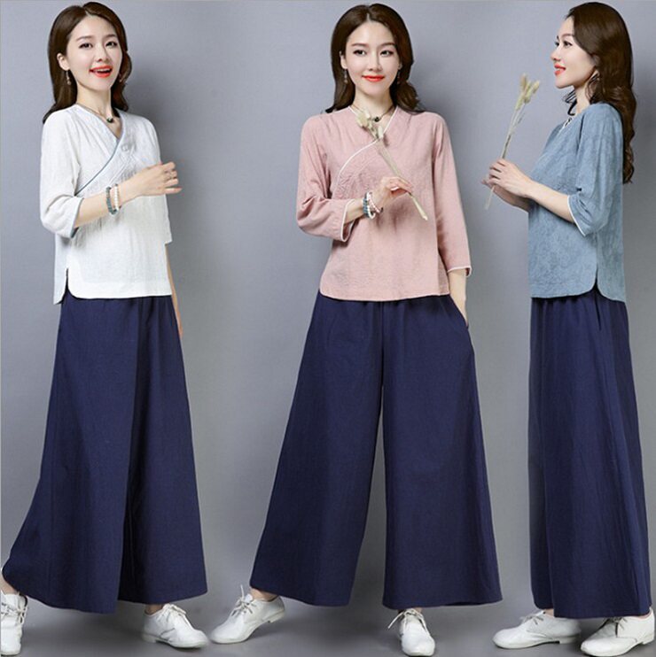 2024新款中国风瑜伽服阔腿裤裙两件套女春夏棉麻复古汉服时尚套装