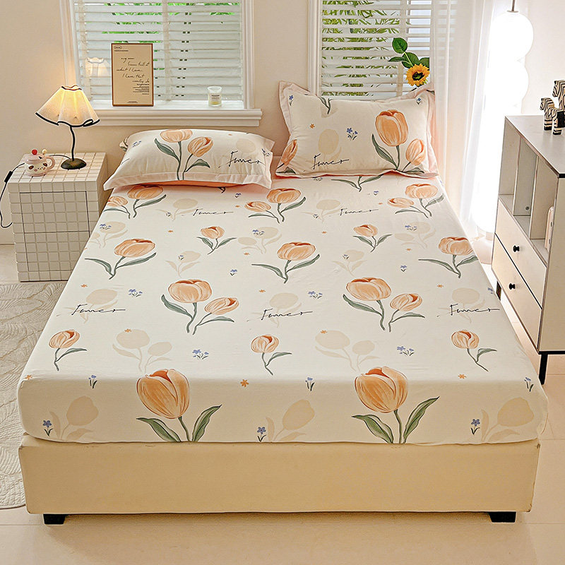 全棉加厚磨毛奶白色郁金香床笠单件桔黄色花朵纯棉床罩套1.51.8米