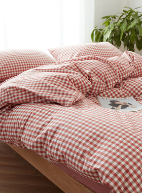 加厚水洗全棉被套单件砖红橙色小格子红白格纯棉被罩袋单双人2米3