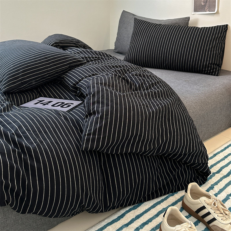 加厚水洗全棉四件套纯棉碳黑色墨黑白细条纹被套单人双人加大2.4m