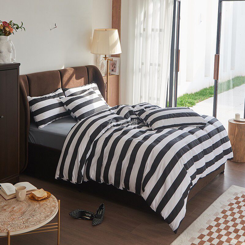 高密度全棉四件套纯棉黑白色条纹被套1.21.51.82米床笠款灰色床单