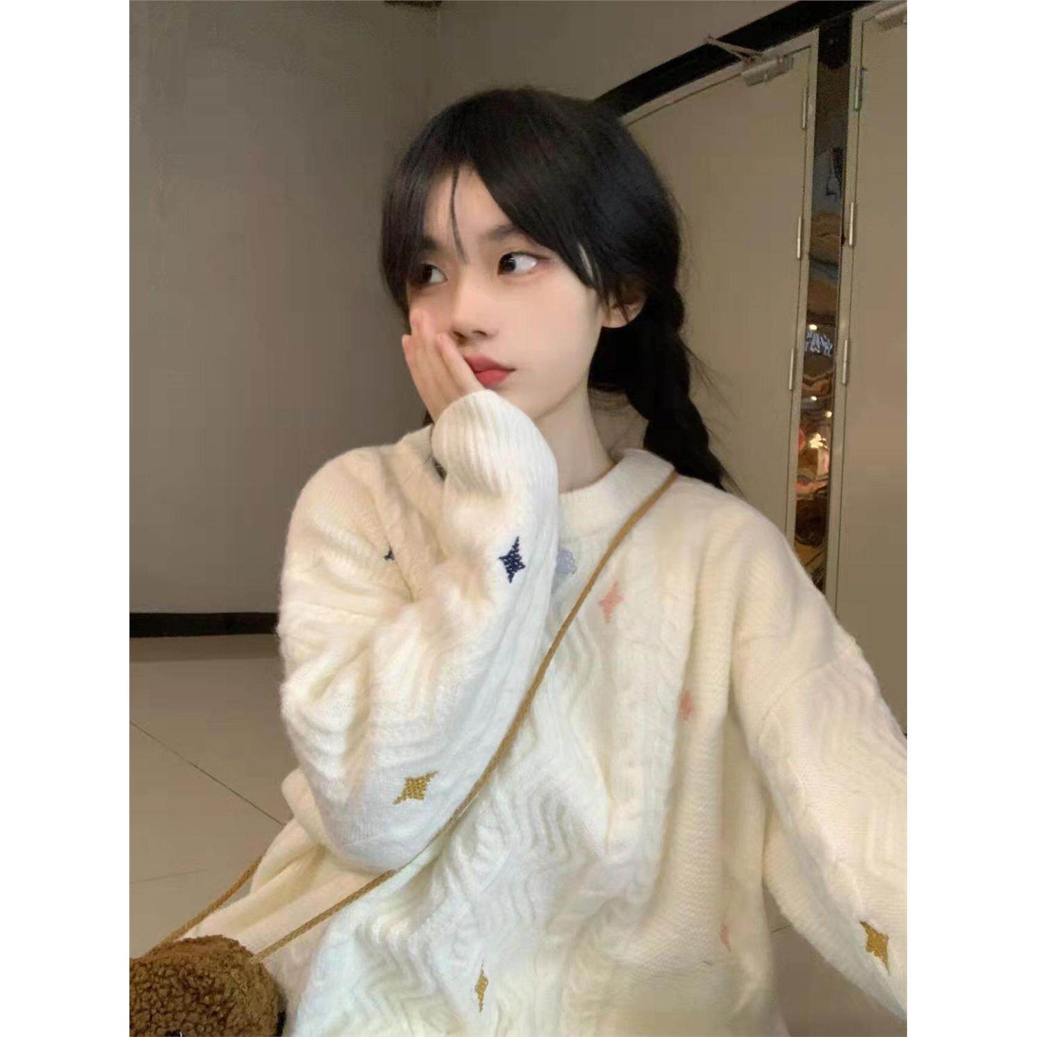 日本风格覆古可爱软蜡捻针织衫秋冬女性慵懒风格宽松套头衫外穿加