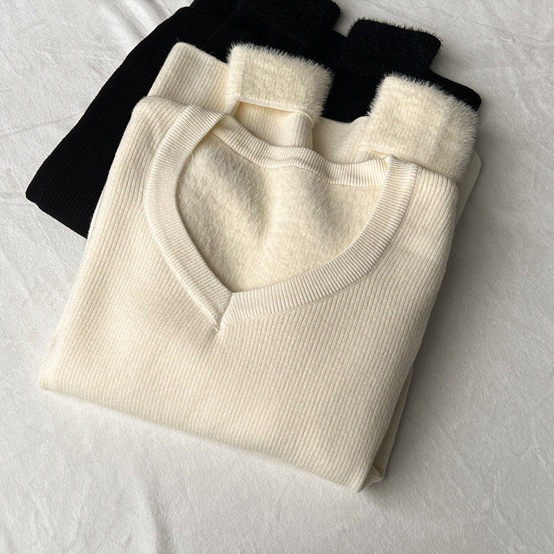 针织衫V领内搭打底女2025秋冬修身毛衣长袖一体加绒加厚保暖上衣