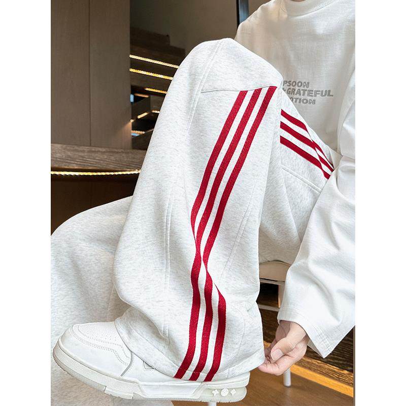 美式三条杠运动卫裤女2025新款秋冬加绒阔腿裤子宽松直筒休闲长裤