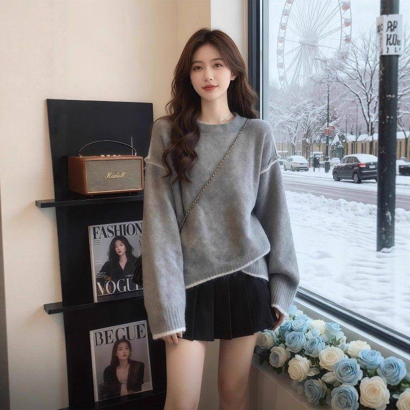格雷系圆领套头毛衣女2025秋冬新款大码宽松慵懒高级感通勤风上衣