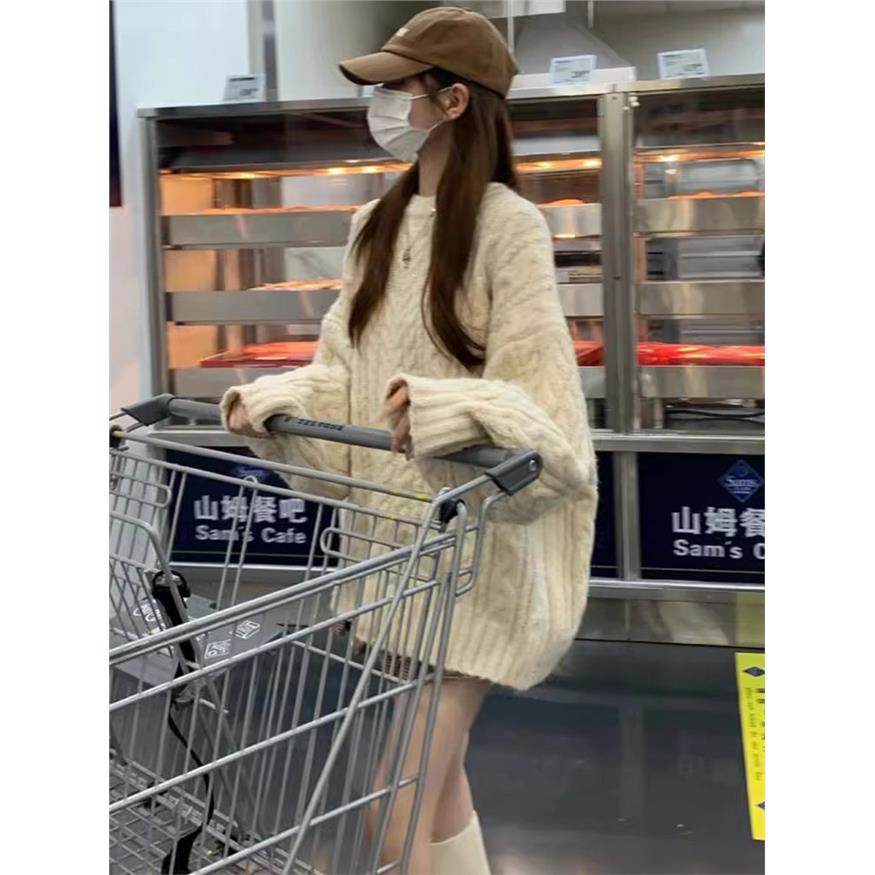 米色套头麻花毛衣女2025初秋季新款慵懒软糯宽松外穿圆领针织上衣