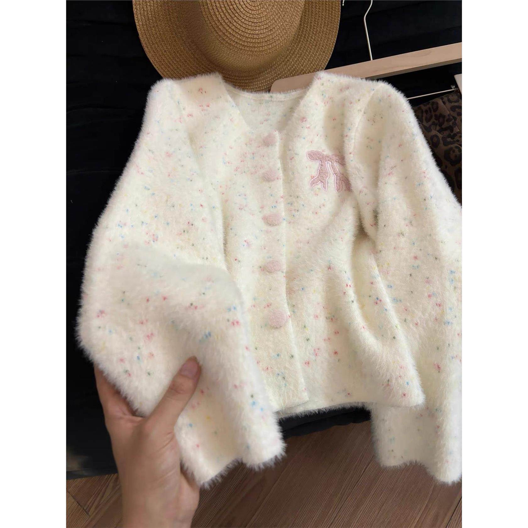 毛绒绒甜美刺绣彩点毛衣外套女秋冬季韩系穿搭小香风针织开衫上衣