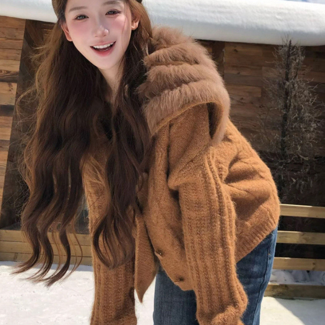 美拉德穿搭大翻毛领毛衣外套女秋冬季加厚保暖慵懒风针织开衫上衣