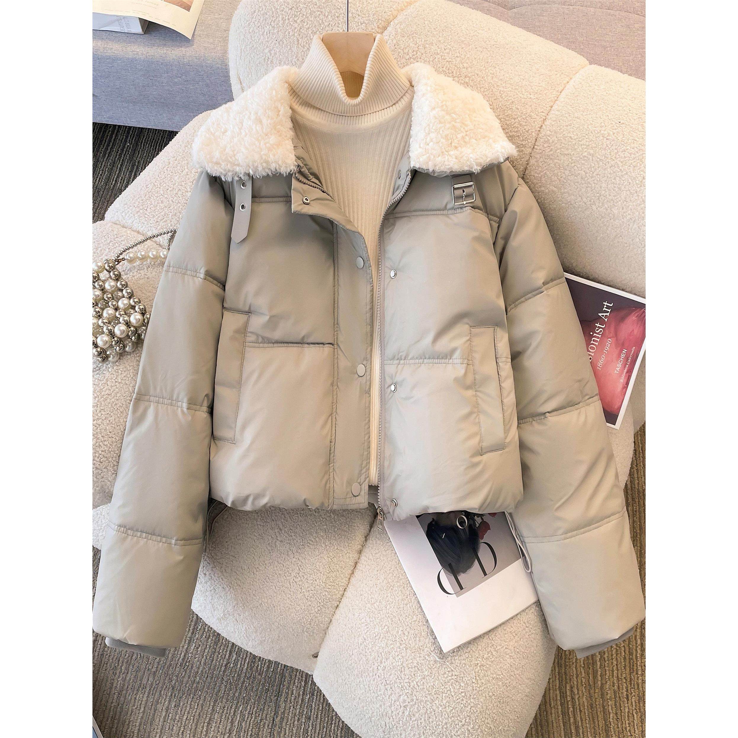 羊羔毛领羽绒棉服女2025秋冬新款大码胖mm短款面包服加厚棉衣外套