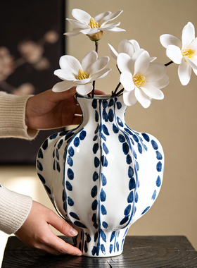 侘寂中古风蓝色陶瓷花瓶客厅玄关插花轻奢高级感手工新中式装饰品