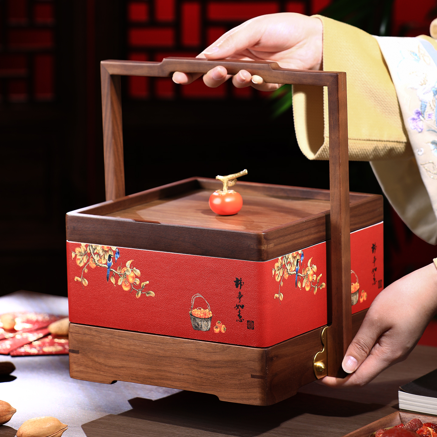 超好看！柿柿如意双层胡桃木果盒