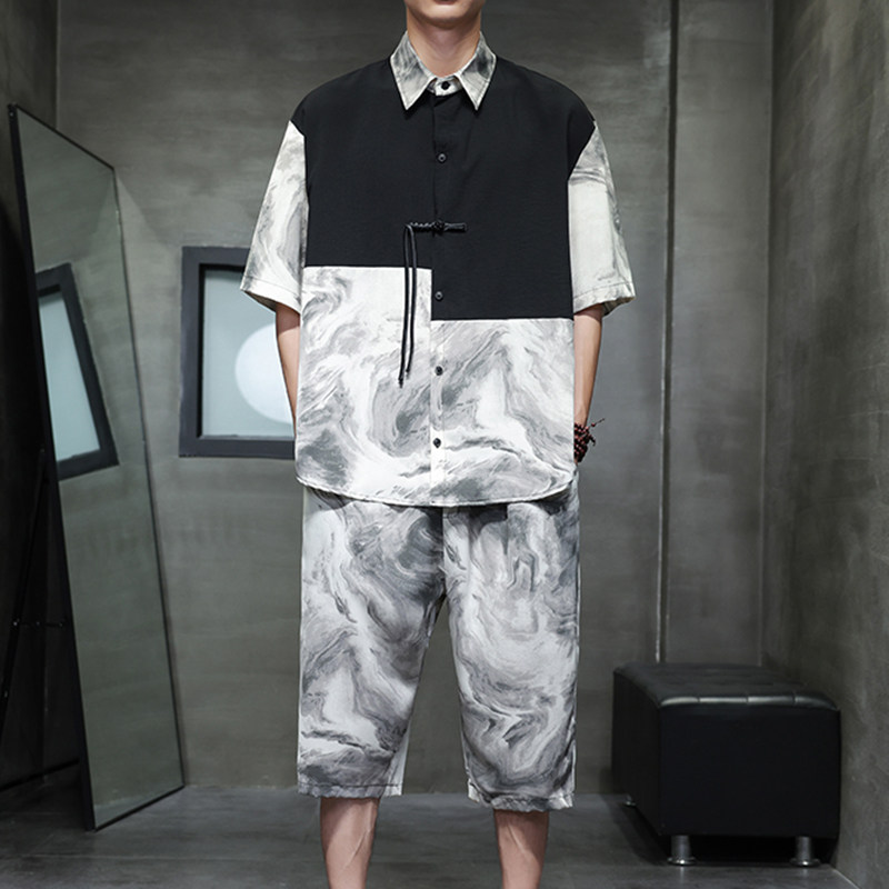 风夏季冰丝短袖套装衬衫短裤男七分裤大码XZ221-6-TZ02-P60，男装牛仔裤，星座221-6