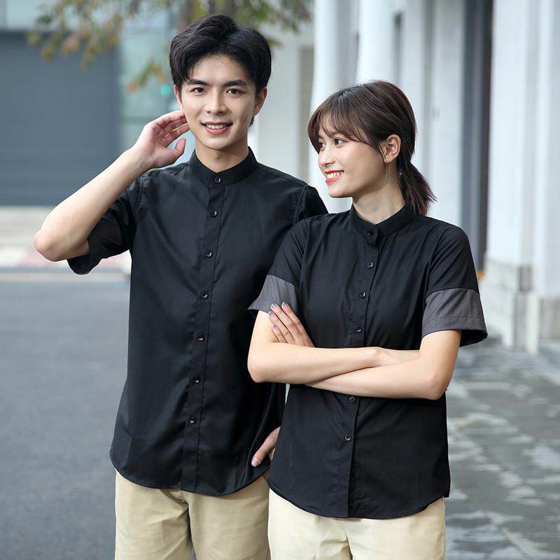 餐饮衬衫工作服短袖定制咖啡店西餐厅服务员男女刺绣时尚衬衣夏季图片
