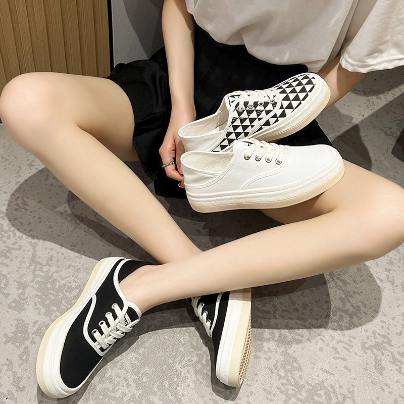 环球百搭两穿千鸟格帆布鞋女2022年夏季新款复古可踩脚学生小白鞋