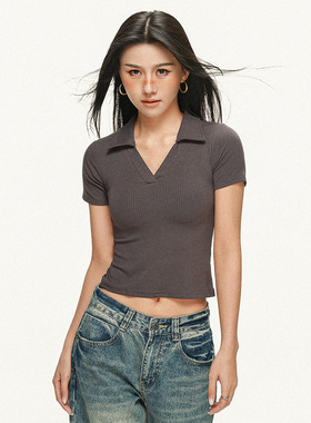 2026春夏新款polo领短袖t恤女紧身辣妹内搭打底衫短款正肩上衣ins