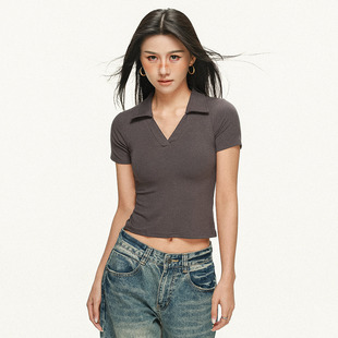 2026春夏新款polo领短袖t恤女紧身辣妹内搭打底衫短款正肩上衣ins