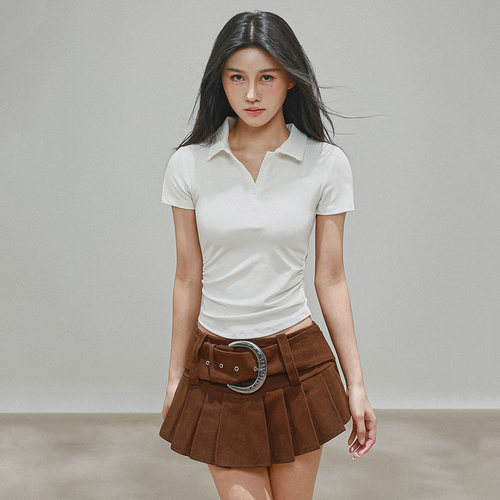 正肩polo领短袖褶皱收腰T恤女夏