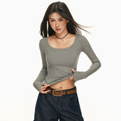 内搭锁骨低领磨毛打底衫 修身 紧身上衣 螺纹t恤女秋冬季 欧美u领长袖