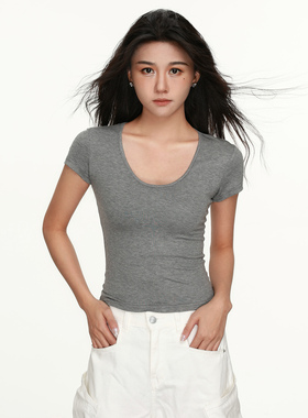 欧货u领正肩T恤女2026春夏修身显瘦性感辣妹短款白色轻奢短袖上衣