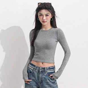 2026秋冬季美式叠穿磨毛长袖高腰t恤女百搭欧美风内搭短款打底衫