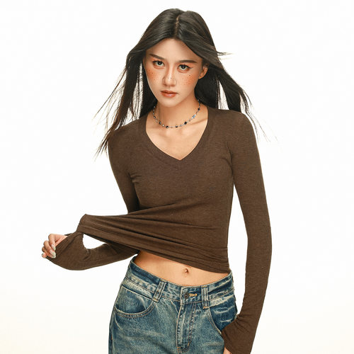 欧美风V领内搭打底衫女2026秋冬百搭气质流行磨毛修身长袖气质T恤