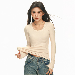 2026纯色螺纹U领露锁骨长袖 高级感百搭磨毛休闲上衣T恤 秋冬打底衫