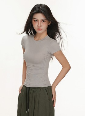 美式辣妹灰色短袖正肩T恤女夏季新款紧身高腰打底衫短款小众上衣