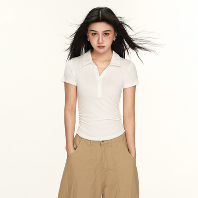 运动派少女经典polo领正肩短上衣女褶皱收腰天丝莱赛尔短袖t恤夏