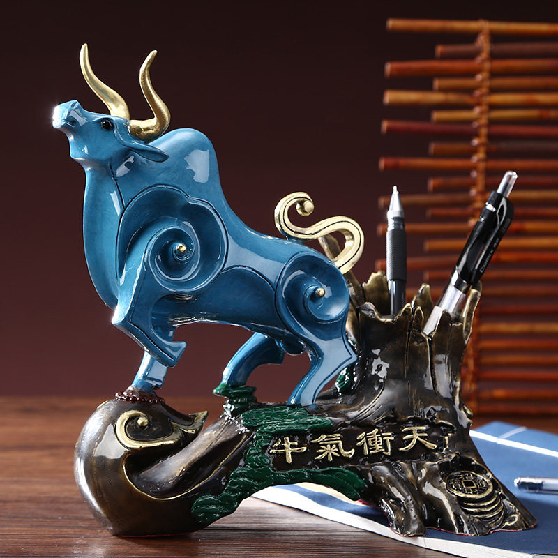 涛羽 铜牛摆件 牛气冲天 办公桌笔筒 客厅招财礼品工艺品牛摆件