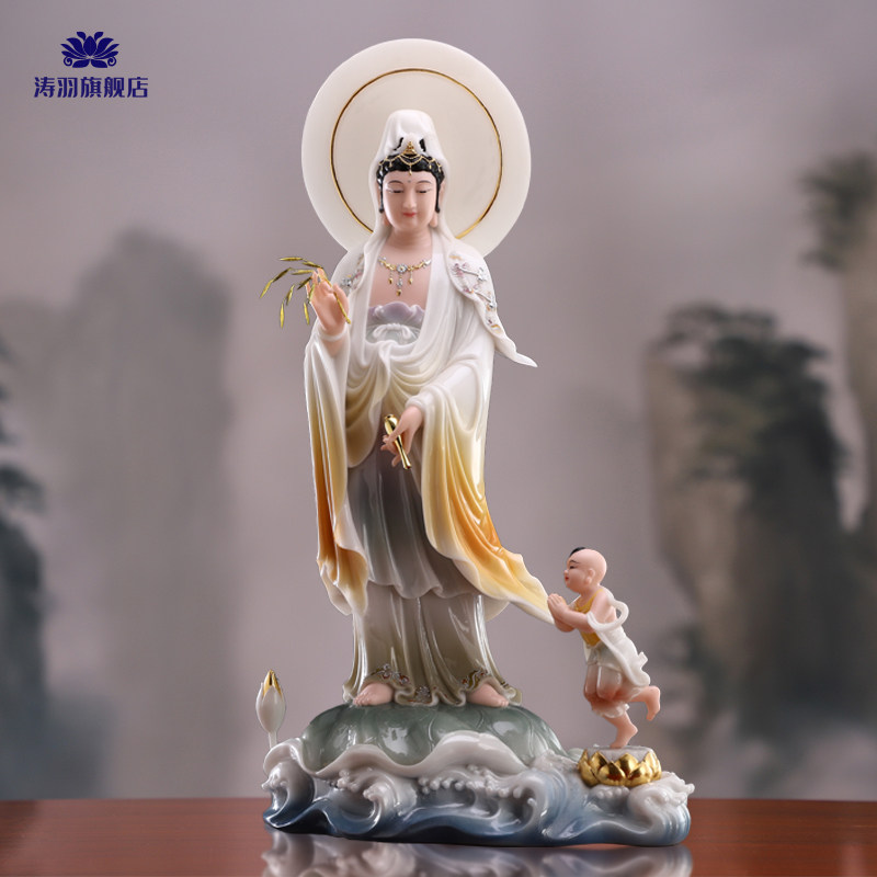 涛羽汉白玉佛像善财童子拜观音佛像敬奉观音菩萨保平安摆件家用