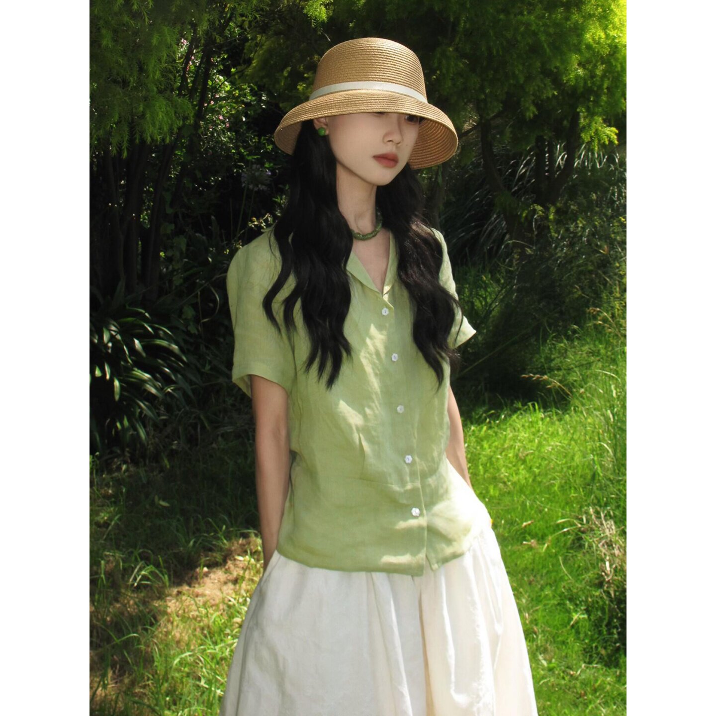 设计师款甜美学院风薄荷绿衬衫女图片