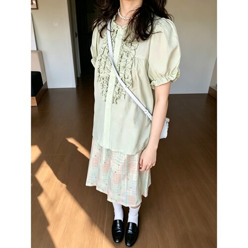 日系原野浪漫风草木绿花苞袖衬衫