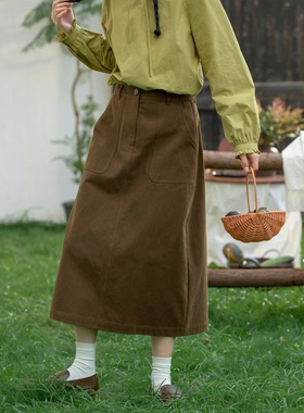 日系美拉德棕色工装风半身裙女秋冬纯棉复古高腰直筒开叉中长裙子