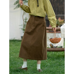 日系美拉德棕色工装 风半身裙女秋冬纯棉复古高腰直筒开叉中长裙子