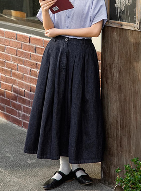 原创日系复古工装风纯棉半身裙女深蓝色小个子松紧腰a字牛仔裙子
