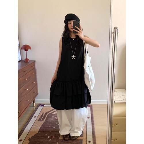 日系设计感小众黑色花苞连衣裙女