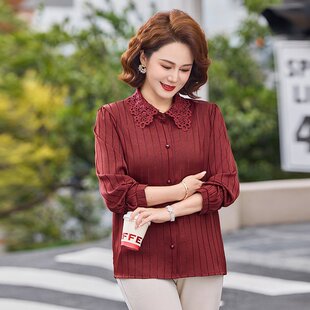 2026新款酒红色软缎衬衫女长袖翻领条纹洋气显瘦上衣